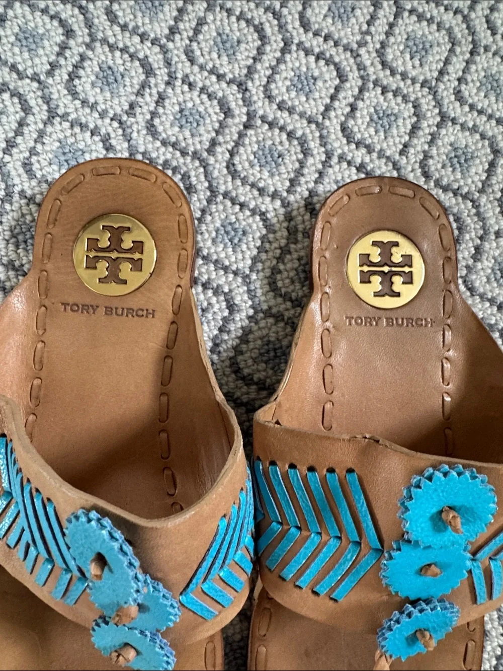 Tory Burch Brown Leather Slide Sandals with Turquoise Floral Accents